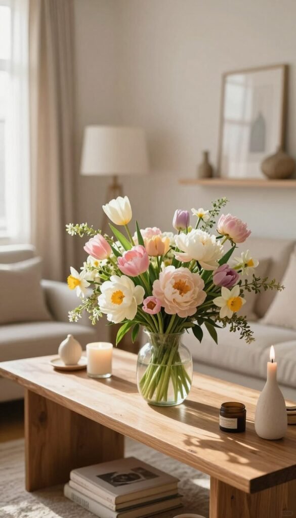 A beautifully styled living room mantel, featuring an elegant arrangement of seasonal spring florals in pastel colors. In the foreground, a low-profile wooden mantel showcases a delicate vase filled with fresh blooms like tulips, peonies, and daffodils, complemented by soft greenery. In the middle, artfully placed decorative items such as candles and small sculptures add texture without overcrowding. The background reveals a cozy living room with a warm, inviting atmosphere, softly lit by natural sunlight filtering through sheer curtains, casting gentle shadows. Capture this scene from a slightly elevated angle to emphasize the floral focal point, evoking a tranquil and inviting mood. Ideal for spring decor inspiration, in a Pinterest-style photograph by CozyTrendHub.