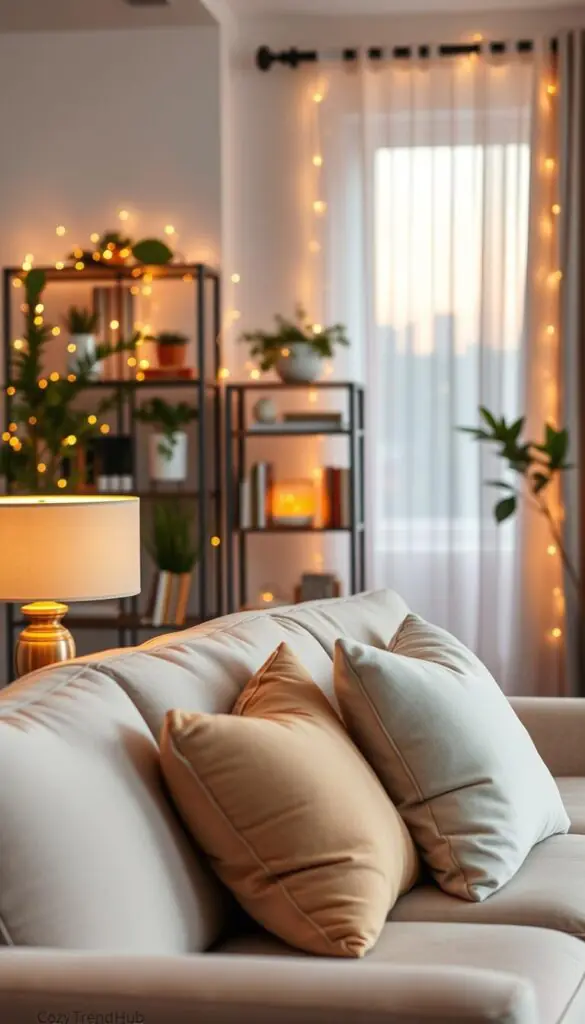 A beautifully styled living room reflecting the best cozy lighting for home. In the foreground, a plush, light-colored sofa adorned with soft throw pillows creates an inviting seating area. On a side table, a warm, glowing table lamp casts a soft amber light, enhancing the cozy atmosphere. The middle ground features an elegantly arranged bookshelf with a few indoor plants and decorative candles, all softly illuminated by a combination of warm fairy lights draped around the shelves. The background shows a softly lit window with sheer curtains, allowing natural light to filter in during the evening, creating a beautiful interplay of warmth and shadows. Set in a modern home decor style, the scene evokes calmness and relaxation, perfect for a cozy night in. The overall composition invokes a Pinterest-style aesthetic that resonates with the brand "CozyTrendHub".