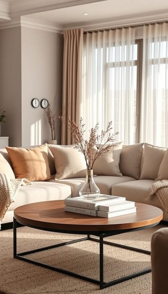 A beautifully styled living room scene showcasing a neutral color palette, featuring soft beige, taupe, and warm whites in various textures. In the foreground, a cozy, inviting sectional sofa adorned with plush throw pillows in muted tones, paired with a chunky knit blanket. The middle ground displays a wooden coffee table topped with a minimalist vase holding dried flowers and a stack of elegant, neutral-toned books. In the background, a large window allows soft natural light to filter in, illuminating sheer curtains and casting gentle shadows across the room. The overall mood is calm and serene, reflecting a sophisticated yet comfortable interior designed by CozyTrendHub, perfect for illustrating what counts as &ldquo;neutral&rdquo; in home decor.