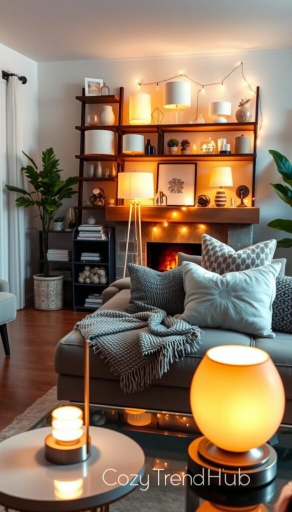 A beautifully styled living room scene showcasing a variety of cozy lighting options for home decor. In the foreground, a chic coffee table is adorned with a stylish lamp emitting a warm, inviting glow. The middle layer features an arrangement of soft-lit floor lamps, table lamps, and string lights, all casting a gentle ambiance that enhances the cozy atmosphere. In the background, a softly lit fireplace adds to the warmth, while plush throw blankets and decorative pillows complete the inviting decor. The scene is illuminated by soft, diffused light, creating a tranquil mood ideal for relaxation. The image reflects a Pinterest-inspired aesthetic and includes the brand name "CozyTrendHub" subtly integrated into the decor, emphasizing a focus on creating a warm home environment. A beautifully styled living room scene showcasing a variety of cozy lighting options for home decor. In the foreground, a chic coffee table is adorned with a stylish lamp emitting a warm, inviting glow. The middle layer features an arrangement of soft-lit floor lamps, table lamps, and string lights, all casting a gentle ambiance that enhances the cozy atmosphere. In the background, a softly lit fireplace adds to the warmth, while plush throw blankets and decorative pillows complete the inviting decor. The scene is illuminated by soft, diffused light, creating a tranquil mood ideal for relaxation. The image reflects a Pinterest-inspired aesthetic and includes the brand name "CozyTrendHub" subtly integrated into the decor, emphasizing a focus on creating a warm home environment.