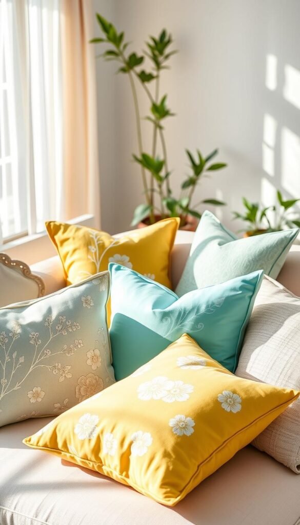 A beautifully styled living room scene showcasing a variety of throw pillows on a light, airy sofa. The foreground features vibrant, summery throw pillows in shades of soft turquoise, pale yellow, and crisp white, adorned with delicate floral patterns and textured fabrics that evoke a fresh, seasonal feel. The middle ground shows the sofa, elegantly dressed with a lightweight, beige throw blanket, while light streams in through sheer curtains, creating a warm and inviting atmosphere. In the background, potted plants add a pop of greenery to the space, enhancing the summertime vibe. The overall lighting is soft and bright, capturing the essence of a sunny day. This image reflects the stylish and comfortable aesthetic of "CozyTrendHub", perfect for warm apartments seeking summer decor without the heat trap. A beautifully styled living room scene showcasing a variety of throw pillows on a light, airy sofa. The foreground features vibrant, summery throw pillows in shades of soft turquoise, pale yellow, and crisp white, adorned with delicate floral patterns and textured fabrics that evoke a fresh, seasonal feel. The middle ground shows the sofa, elegantly dressed with a lightweight, beige throw blanket, while light streams in through sheer curtains, creating a warm and inviting atmosphere. In the background, potted plants add a pop of greenery to the space, enhancing the summertime vibe. The overall lighting is soft and bright, capturing the essence of a sunny day. This image reflects the stylish and comfortable aesthetic of "CozyTrendHub", perfect for warm apartments seeking summer decor without the heat trap.