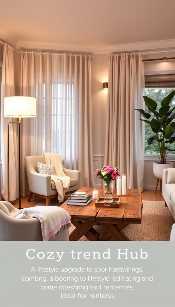 A beautifully styled living room showcasing a cozy, spring-inspired atmosphere. In the foreground, a chic floor lamp with a soft white lampshade illuminates a comfortable reading nook with an oversized armchair draped in a pastel throw blanket. In the middle, a long, rustic wooden coffee table is adorned with fresh flowers in a vintage vase, candles, and a few well-arranged books. The walls are painted in light, airy colors, with wall-mounted LED lights providing a warm glow. In the background, soft curtains flutter gently, allowing natural light to filter through large windows adorned with potted plants. The overall mood is inviting and refreshing, embodying a lifestyle upgrade without hardwiring, ideal for renters. This image reflects the theme of "CozyTrendHub," merging comfort with elegant design for spring.