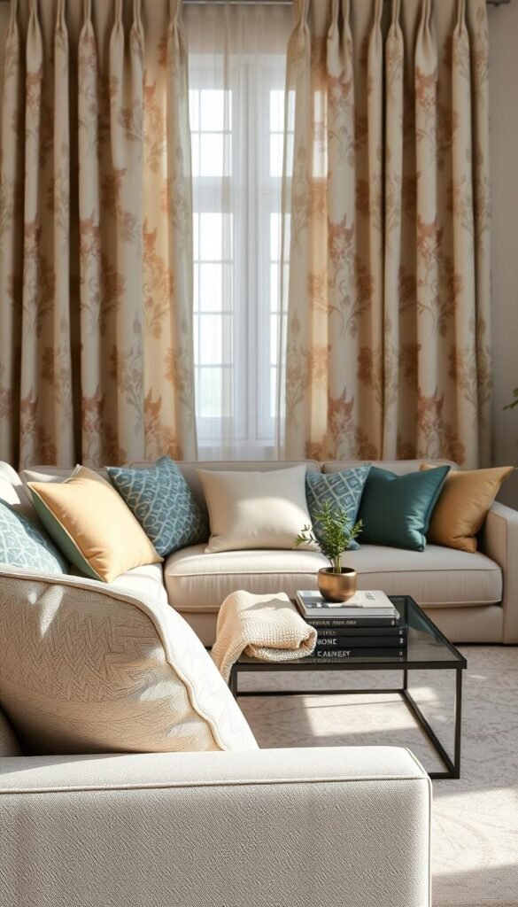 A beautifully styled living room showcasing a harmonious blend of colors and patterns, emphasizing cohesion over chaos. In the foreground, a plush, textured sofa adorned with patterned cushions in muted tones of soft blue, warm beige, and earthy greens. In the middle, a chic coffee table with minimalist decor featuring a cozy throw blanket, a small plant, and a stack of design books. In the background, large, elegant curtains in a delicate floral pattern that flow gracefully, framing a softly lit window. Natural light filters in, casting gentle shadows that enhance the cozy atmosphere. The scene captures an inviting, serene ambiance ideal for a stylish home. The overall composition reflects the aesthetic of "CozyTrendHub," appealing to those seeking cohesive color strategies in their interiors. A beautifully styled living room showcasing a harmonious blend of colors and patterns, emphasizing cohesion over chaos. In the foreground, a plush, textured sofa adorned with patterned cushions in muted tones of soft blue, warm beige, and earthy greens. In the middle, a chic coffee table with minimalist decor featuring a cozy throw blanket, a small plant, and a stack of design books. In the background, large, elegant curtains in a delicate floral pattern that flow gracefully, framing a softly lit window. Natural light filters in, casting gentle shadows that enhance the cozy atmosphere. The scene captures an inviting, serene ambiance ideal for a stylish home. The overall composition reflects the aesthetic of "CozyTrendHub," appealing to those seeking cohesive color strategies in their interiors.