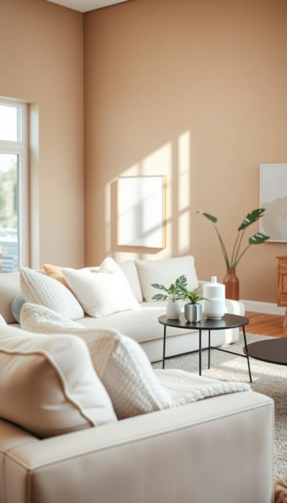 A beautifully styled living room showcasing a serene neutral paint color strategy, perfect for modern apartments. The foreground features a cozy, well-structured sofa in soft beige, accented with plush white and gray throw pillows, and a light, textured knit blanket. In the middle, a stylish coffee table holds minimalist decor accents, such as a small potted plant and a modern vase. The walls of the room are painted in a warm taupe, offering a comforting backdrop enhanced by soft natural light streaming in from large windows, illuminating the space. In the background, subtle modern artwork complements the neutral tones. Shot with a shallow depth of field from a slightly elevated angle, this Pinterest-style image embodies a relaxed and inviting atmosphere, reflecting contemporary living. Perfect for CozyTrendHub.