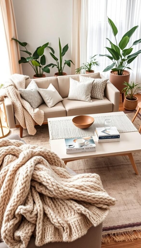 A beautifully styled living room showcasing a variety of textiles that enhance the space without the need for new furniture. In the foreground, a plush, oversized knitted throw drapes elegantly over a mid-century modern sofa, complemented by patterned cushions in soft pastel hues. The middle ground features a chic coffee table adorned with a textured cotton table runner, a decorative bowl, and a stack of art books. A cozy area rug anchors the scene, adding warmth and texture. In the background, a subtle hint of greenery from potted plants softens the room, while natural light streams through sheer curtains, creating an inviting atmosphere. Capture this scene with a slightly elevated angle, using soft focus to highlight the textiles' details. This striking visual embodies the essence of CozyTrendHub&rsquo;s home decor aesthetic.