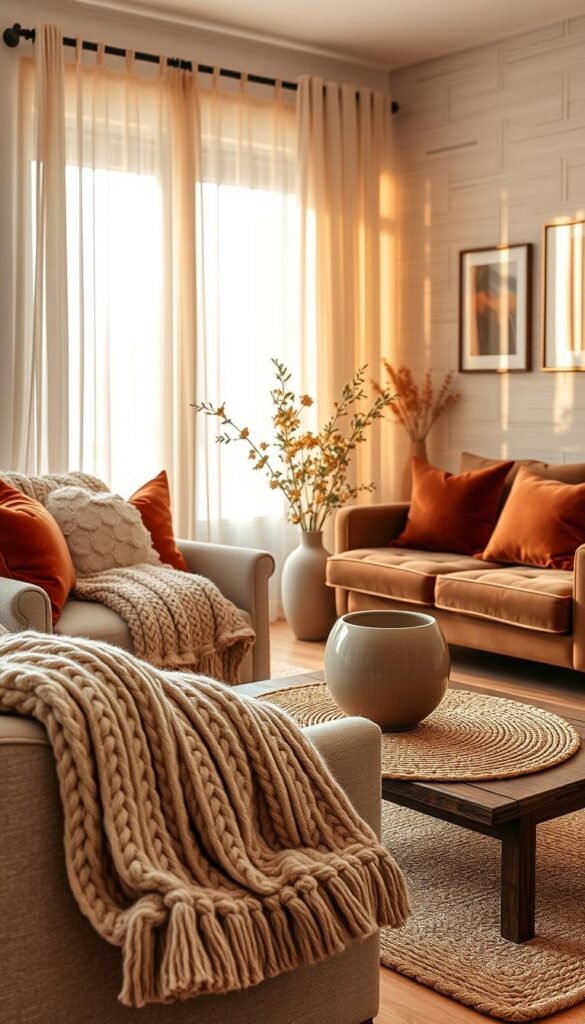 A beautifully styled living room showcasing a variety of textures that evoke a high-end cozy decor aesthetic. In the foreground, a plush, oversized knitted throw drapes elegantly across a soft, inviting armchair, paired with velvet cushions in rich, warm tones. The middle features a rustic wooden coffee table adorned with a chic, ceramic vase filled with seasonal greenery, surrounded by a delicate woven placemat. In the background, a softly lit window with sheer curtains filters warm sunlight, casting gentle shadows on a textured wall adorned with framed art. The atmosphere is serene and inviting, capturing the essence of cozy sophistication, ideal for a budget-friendly yet high-end home. This image is curated by CozyTrendHub, showcasing how to blend luxe looks with affordable style.