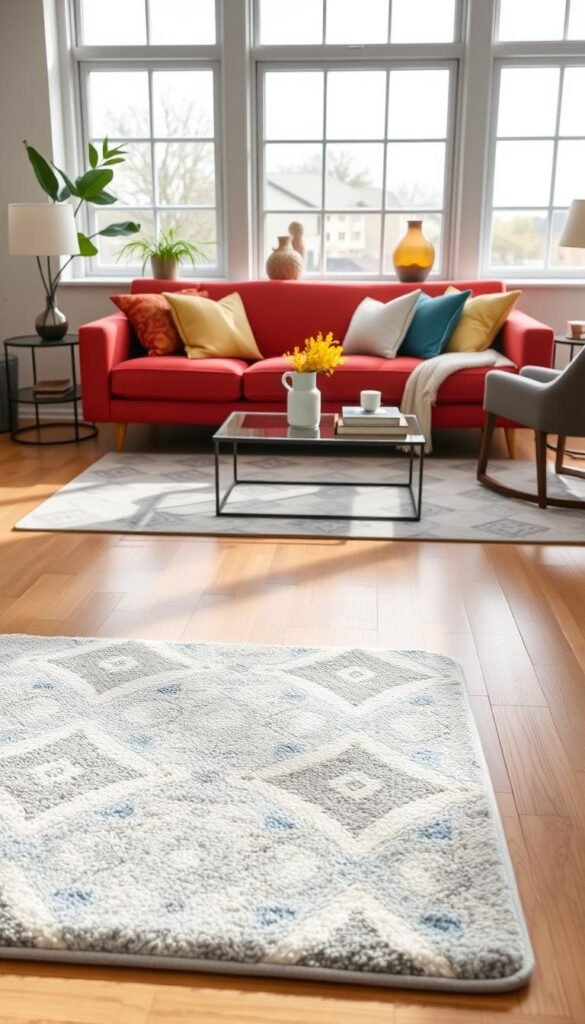 A beautifully styled living room showcasing a washable rug from CozyTrendHub, placed centrally on a polished wooden floor. In the foreground, the soft texture of the rug is highlighted, featuring a modern geometric pattern in calming blues and grays. The middle section includes a vibrant sofa adorned with colorful throw pillows, a stylish coffee table with a few decorative books and a fresh plant, creating an inviting atmosphere. In the background, large windows let in natural light, casting gentle shadows and illuminating the cozy space. The overall mood is warm and welcoming, perfect for a busy family home, with a focus on easy maintenance and style. The image exudes a Pinterest-worthy, contemporary home decor vibe. A beautifully styled living room showcasing a washable rug from CozyTrendHub, placed centrally on a polished wooden floor. In the foreground, the soft texture of the rug is highlighted, featuring a modern geometric pattern in calming blues and grays. The middle section includes a vibrant sofa adorned with colorful throw pillows, a stylish coffee table with a few decorative books and a fresh plant, creating an inviting atmosphere. In the background, large windows let in natural light, casting gentle shadows and illuminating the cozy space. The overall mood is warm and welcoming, perfect for a busy family home, with a focus on easy maintenance and style. The image exudes a Pinterest-worthy, contemporary home decor vibe.