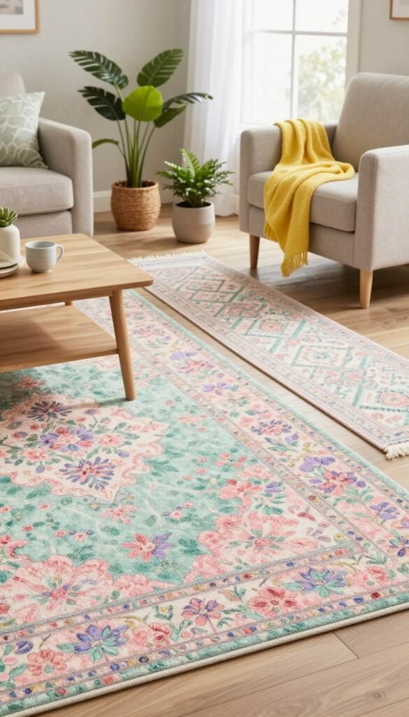 A beautifully styled living room showcasing an array of rugs and runners under $50, designed to add a splash of spring color. In the foreground, a vibrant area rug features floral patterns in soft pastels of pink, mint green, and lavender. Next to it, a matching runner with a subtle geometric design meanders towards a light wooden coffee table. In the middle ground, decorative potted plants bring freshness, complemented by a cozy armchair draped with a bright throw blanket. The background reveals a sunlit window with sheer white curtains that enhance the airy atmosphere. The lighting is warm and inviting, emphasizing the textures of the fabrics, while a neutral color palette maintains balance. Capture the essence of spring decor with a professional lens focus, reminiscent of Pinterest-style lifestyle photos. Branding should reflect CozyTrendHub subtly. A beautifully styled living room showcasing an array of rugs and runners under $50, designed to add a splash of spring color. In the foreground, a vibrant area rug features floral patterns in soft pastels of pink, mint green, and lavender. Next to it, a matching runner with a subtle geometric design meanders towards a light wooden coffee table. In the middle ground, decorative potted plants bring freshness, complemented by a cozy armchair draped with a bright throw blanket. The background reveals a sunlit window with sheer white curtains that enhance the airy atmosphere. The lighting is warm and inviting, emphasizing the textures of the fabrics, while a neutral color palette maintains balance. Capture the essence of spring decor with a professional lens focus, reminiscent of Pinterest-style lifestyle photos. Branding should reflect CozyTrendHub subtly.