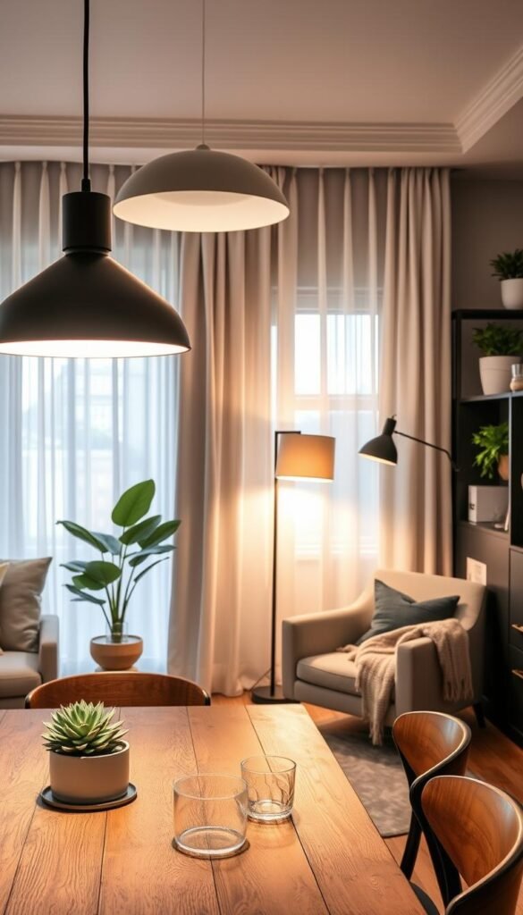 A beautifully styled living room showcasing elegant lighting solutions ideal for renters. In the foreground, a sleek, modern pendant light hangs over a cozy, rustic dining table adorned with a small succulent and stylish tableware. The middle layer features a stylish floor lamp with a warm glow, illuminating a plush reading nook with a soft chair and a trendy throw blanket. The background reveals light-filtering curtains, gently diffusing natural sunlight, and a minimalist bookcase decorated with green plants and tasteful decor. The atmosphere is warm and inviting, evoking a sense of comfort and style. Shot with a wide-angle lens to capture the harmonious layout and appealing details, this image embodies contemporary, renter-friendly home decor. Inspired by CozyTrendHub.