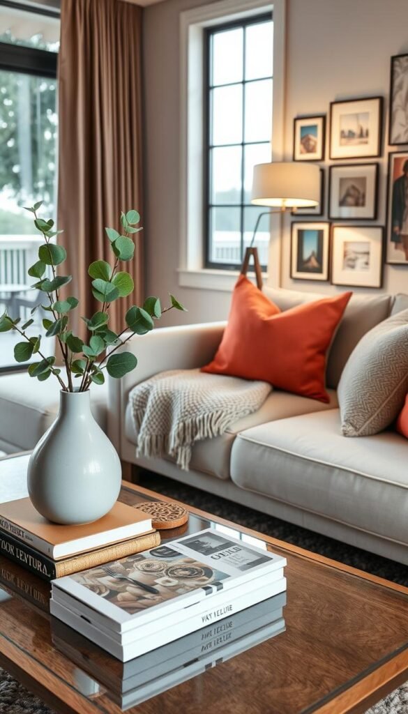 A beautifully styled living room showcasing modern decor elements that are both functional and aesthetically pleasing. In the foreground, a chic coffee table adorned with decorative books, a trendy ceramic vase filled with fresh eucalyptus, and stylish coasters. The middle ground features a plush sectional sofa, elegantly draped with a textured throw blanket, complemented by a couple of vibrant accent pillows. A stylish floor lamp softly illuminates the scene, casting a warm, inviting glow. In the background, large windows reveal a serene outdoor view, while an artfully arranged gallery wall displays a mix of framed artwork. The overall mood is cozy and sophisticated, embodying the essence of &ldquo;decor that works harder than it looks,&rdquo; perfect for a Pinterest-worthy lifestyle photo by CozyTrendHub.