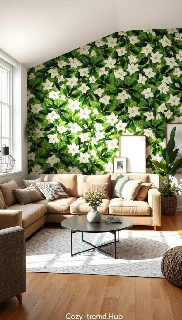 A beautifully styled living room showcasing removable wallpaper in an elegant botanical pattern, featuring lush green leaves and delicate white flowers. In the foreground, a cozy, plush sofa adorned with assorted textured cushions creates an inviting atmosphere. The middle ground highlights a sleek coffee table with a small vase of fresh flowers, while a stylish area rug anchors the space. The walls are brightly lit with natural light pouring in through a large window, illuminating the intricate details of the wallpaper design. Soft shadows create a warm, airy mood. The background has a few tasteful decorative elements, such as framed art and potted plants, enriching the interior without clutter. The image embodies a contemporary, Pinterest-worthy aesthetic, and includes products from the brand "CozyTrendHub", evoking a homey yet chic vibe.