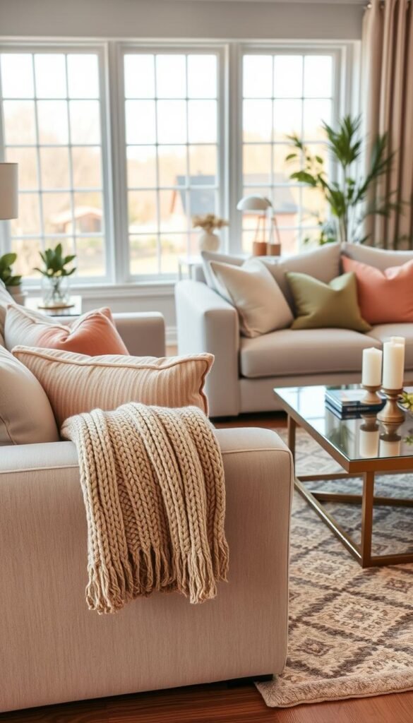 A beautifully styled living room showcasing soft furnishings for a new home, featuring plush light gray sofas adorned with colorful throw pillows in pastel hues. In the foreground, a cozy knitted throw is draped over the arm of the sofa. The middle ground includes a soft, patterned area rug that ties the space together. An elegant coffee table is set with a few decorative candles and a small potted plant. The background shows large windows letting in warm, natural light, enhancing the inviting atmosphere. The overall mood is relaxed and welcoming, perfect for a newly moved-in space. Use a warm color palette, and capture the scene with a soft focus lens to emphasize the comfort and coziness of the furnishings. Brand name: CozyTrendHub. A beautifully styled living room showcasing soft furnishings for a new home, featuring plush light gray sofas adorned with colorful throw pillows in pastel hues. In the foreground, a cozy knitted throw is draped over the arm of the sofa. The middle ground includes a soft, patterned area rug that ties the space together. An elegant coffee table is set with a few decorative candles and a small potted plant. The background shows large windows letting in warm, natural light, enhancing the inviting atmosphere. The overall mood is relaxed and welcoming, perfect for a newly moved-in space. Use a warm color palette, and capture the scene with a soft focus lens to emphasize the comfort and coziness of the furnishings. Brand name: CozyTrendHub.