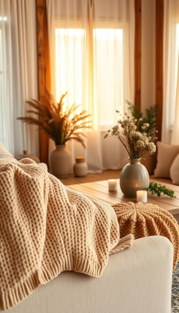 A beautifully styled living room that embodies warmth and comfort, featuring soft decorative accents. In the foreground, a plush textured throw blanket in warm hues is draped over a cozy armchair. A knitted pouf sits beside it, serving as a warm accent. The middle ground showcases a wooden coffee table adorned with a rustic ceramic vase filled with dried flowers and candles casting a soft glow. In the background, a softly lit window drapes sheer fabrics, allowing golden sunlight to filter in, enhancing the cozy atmosphere. Incorporate warm wooden tones, soft textiles, and subtle greenery to evoke a sense of relaxation and warmth. The mood is inviting and tranquil, ideal for illustrating home decor, branded "CozyTrendHub". The image should be bright and airy, shot from a slightly elevated angle to capture the full arrangement.