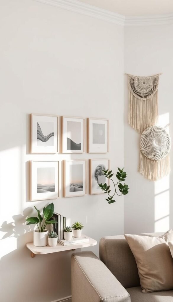 A beautifully styled living room wall featuring a variety of non-invasive wall decor options suitable for renters. In the foreground, a simple yet elegant wall-mounted shelf with carefully arranged potted plants and decorative books. In the middle, an array of framed art prints in minimalist frames, showcasing abstract designs and pastel colors, evenly spaced to create visual interest without damaging the wall. The background features soft, neutral-toned paint with cozy wall hangings made from fabric or removable decals that add a touch of warmth. Soft, natural lighting filters through a nearby window, casting gentle shadows, creating an inviting and harmonious atmosphere. The overall mood is tranquil and stylish, ideal for anyone seeking home decor inspiration. Image credit: CozyTrendHub.