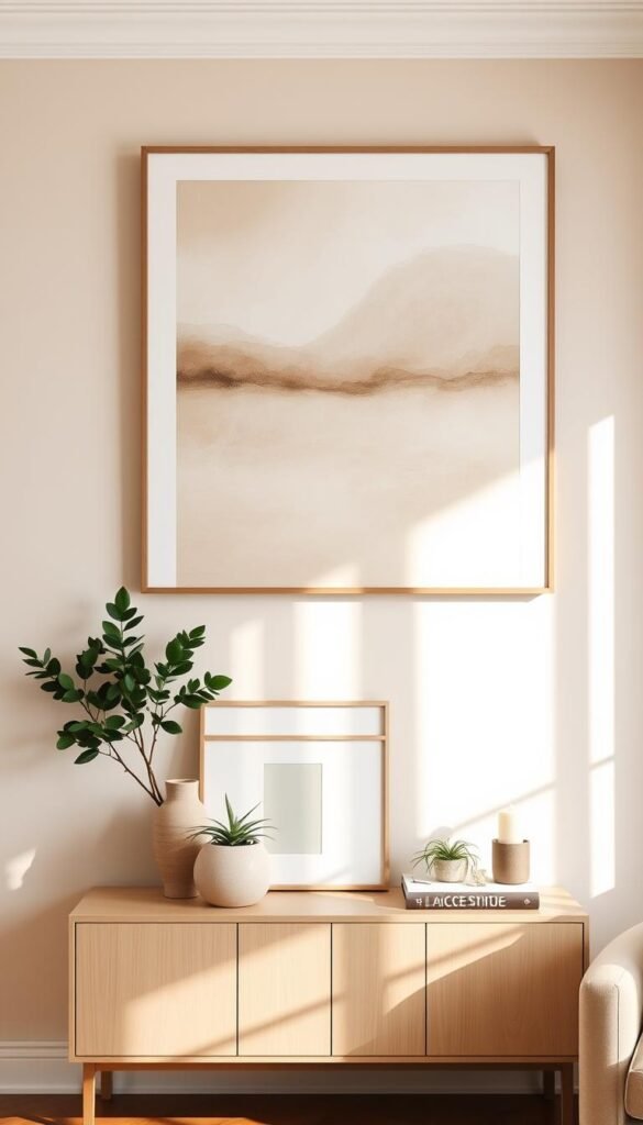 A beautifully styled living room wall featuring a warm, neutral color palette. In the foreground, a large, framed abstract painting in soft earth tones hangs above a console table decorated with a few minimalist decorative items such as a ceramic vase and green indoor plants. The middle layer shows an arrangement of floating shelves displaying cozy decor items, including textured books and calming candles. In the background, a subtle light source casts a gentle glow, enhancing the inviting atmosphere. Soft natural light filters through a nearby window, creating shadows that add depth. The overall mood is tranquil and comforting, perfect for a cozy living space. Styled for a Pinterest aesthetic, this image reflects the brand "CozyTrendHub".
