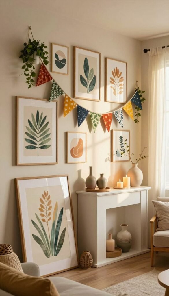 A beautifully styled living room wall showcasing an array of seasonal art swaps, focusing on renter-friendly decor. In the foreground, a large framed botanical print in pastel colors hangs alongside a set of smaller abstract pieces, accentuated by vibrant seasonal accents like garlands of faux greenery and colorful fabric bunting. The middle area features a mantle adorned with decorative objects, like ceramic vases and soft candles, creating a warm ambiance. The background displays light, airy curtains filtering sunlight, casting a soft glow that enhances the cozy atmosphere. The image is captured with a warm, natural light using a 35mm lens, emphasizing the welcoming feel of summer decor. Brand: CozyTrendHub.