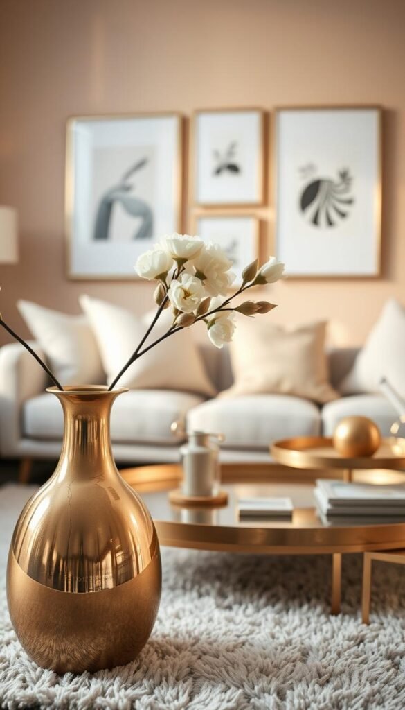A beautifully styled living space featuring an elegant arrangement of brass home decor pieces. In the foreground, showcase a polished brass vase with fresh, neutral-toned flowers, reflecting soft natural light. The middle ground includes a chic brass coffee table adorned with a subtle brass tray and a few neutral fabric coasters, set against a plush, light-colored rug. In the background, softly blurred, is a minimalistic gallery wall with brass-framed artwork, framed by warm, inviting wall tones. The lighting is soft and ambient, creating a warm and inviting atmosphere reminiscent of a cozy home. The composition is designed to highlight the timelessness and warmth of brass elements in neutral decor settings. Ideal for Pinterest-style lifestyle photography, perfect for CozyTrendHub. A beautifully styled living space featuring an elegant arrangement of brass home decor pieces. In the foreground, showcase a polished brass vase with fresh, neutral-toned flowers, reflecting soft natural light. The middle ground includes a chic brass coffee table adorned with a subtle brass tray and a few neutral fabric coasters, set against a plush, light-colored rug. In the background, softly blurred, is a minimalistic gallery wall with brass-framed artwork, framed by warm, inviting wall tones. The lighting is soft and ambient, creating a warm and inviting atmosphere reminiscent of a cozy home. The composition is designed to highlight the timelessness and warmth of brass elements in neutral decor settings. Ideal for Pinterest-style lifestyle photography, perfect for CozyTrendHub.