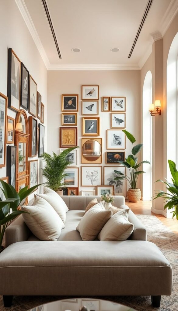 A beautifully styled long narrow room featuring a gallery wall adorned with unique art pieces, framed photos, and decorative mirrors. The foreground showcases a cozy seating area with a plush sofa in soft neutral tones and a stylish coffee table. In the middle, the gallery wall extends along the length of the room, with a variety of frame styles and colors creating visual interest. The background reveals elegant wall sconces casting warm, inviting light. The room is filled with greenery from potted plants in the corners, enhancing the natural atmosphere. Soft natural light floods in through a large window, creating a serene ambiance. This lifestyle photo captures the essence of sophisticated yet practical wall decor for long rooms. Styled in a Pinterest-worthy aesthetic by CozyTrendHub. A beautifully styled long narrow room featuring a gallery wall adorned with unique art pieces, framed photos, and decorative mirrors. The foreground showcases a cozy seating area with a plush sofa in soft neutral tones and a stylish coffee table. In the middle, the gallery wall extends along the length of the room, with a variety of frame styles and colors creating visual interest. The background reveals elegant wall sconces casting warm, inviting light. The room is filled with greenery from potted plants in the corners, enhancing the natural atmosphere. Soft natural light floods in through a large window, creating a serene ambiance. This lifestyle photo captures the essence of sophisticated yet practical wall decor for long rooms. Styled in a Pinterest-worthy aesthetic by CozyTrendHub.