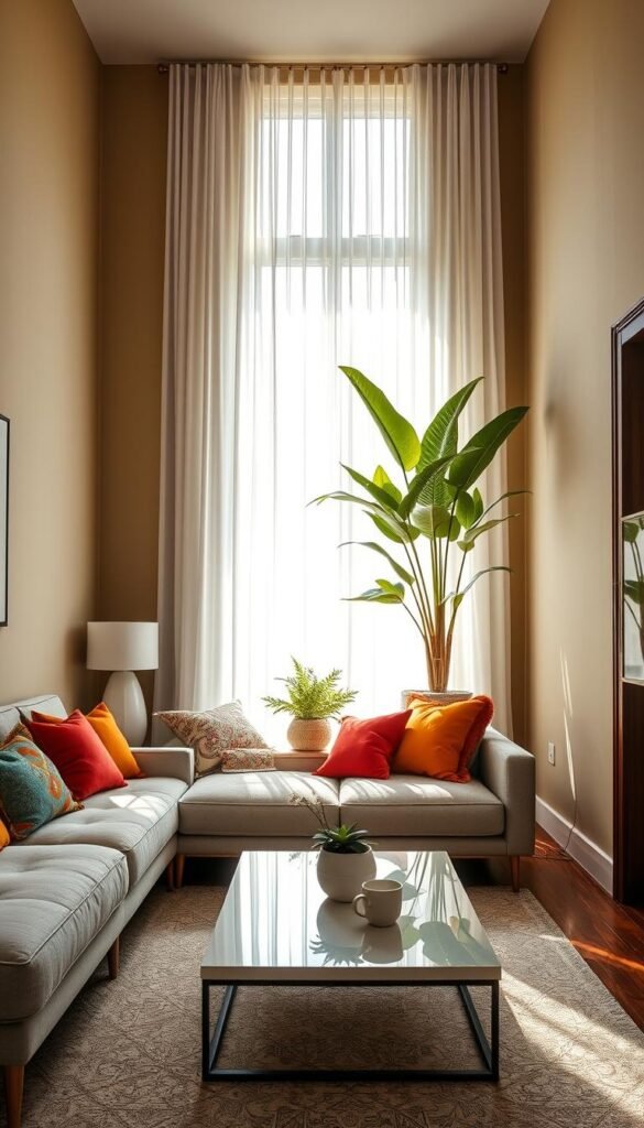 A beautifully styled long narrow room featuring a large, tall window adorned with sheer white curtains that softly filter sunlight. In the foreground, there is a cozy seating area with a light gray sofa, accented with colorful throw pillows that add vibrancy. A sleek, modern coffee table sits in front, topped with a small plant and a chic coffee mug. In the middle ground, there are decorative elements such as a large indoor houseplant that draws the eye upward, enhancing the feeling of height in the space. The walls are painted a soft beige, contrasting elegantly with dark wooden accents. In the background, gentle sunlight streams through the window, creating a warm, inviting atmosphere. The overall mood is serene and stylish, reflecting the aesthetic of CozyTrendHub.