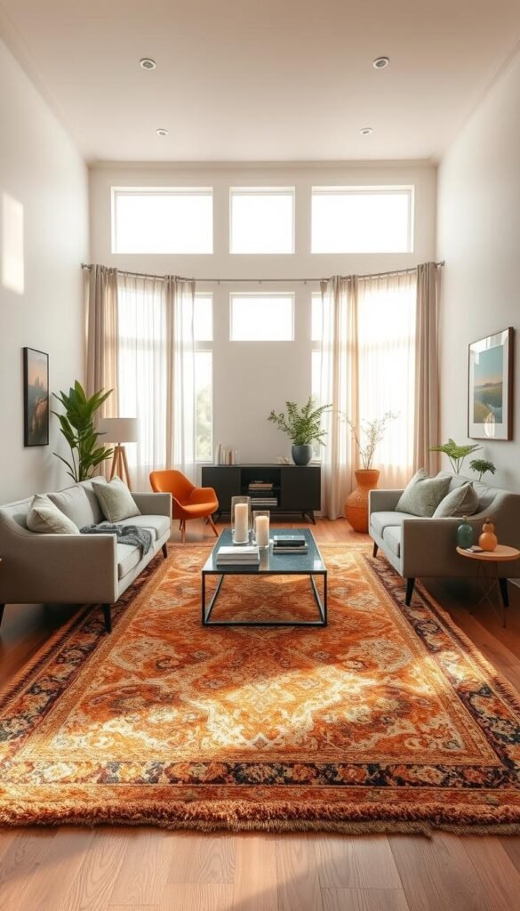 A beautifully styled long narrow room featuring a soft, plush area rug in the center, delineating separate living spaces. The rug should be rectangular, with a blend of warm earth tones, intricate geometric patterns, and a textured finish. In the foreground, a cozy seating area with a stylish low-profile sofa and accent chairs nested on the rug. In the middle, a coffee table adorned with minimalist decor elements such as candles and books. The background shows light-filled windows with airy curtains, enhancing the welcoming atmosphere. The lighting is natural, soft, and warm, creating a serene mood in the room. Shot from a slightly elevated angle to capture the rug's impact on the space. Emphasize a lifestyle aesthetic that aligns with home decor trends, showcasing a Pinterest-worthy interior from "CozyTrendHub".