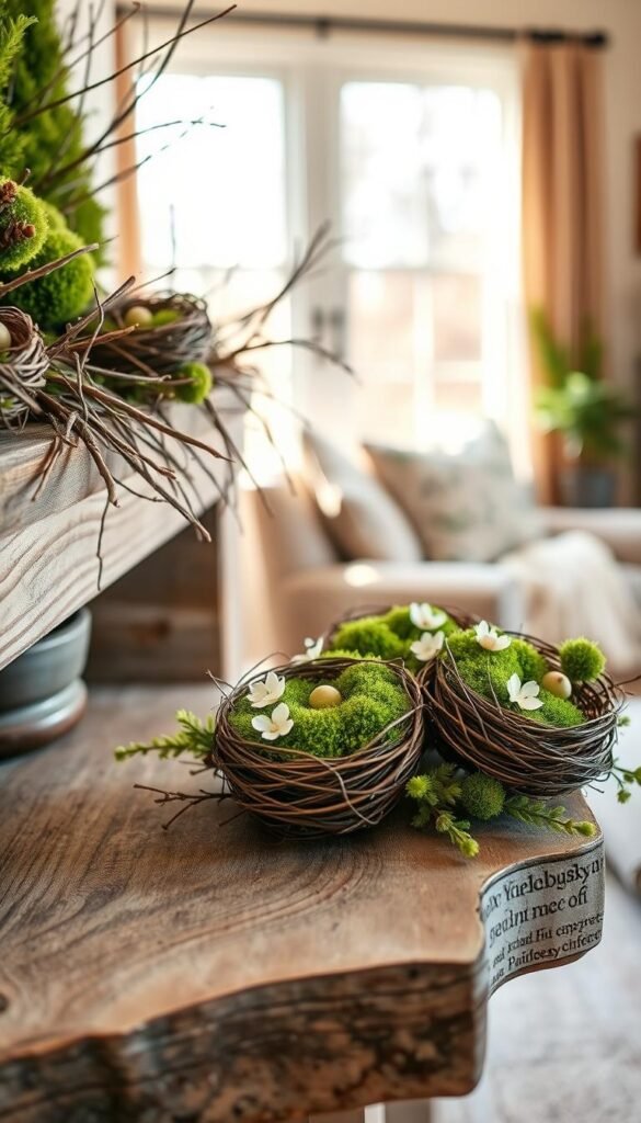 A beautifully styled mantel adorned with brambly nests and lush moss balls, creating an inviting and textured spring atmosphere. In the foreground, showcase a detailed view of a rustic wooden mantel, decorated with a mix of natural elements such as twigs and greenery. The middle ground features the vibrant nests filled with soft moss, arranged harmoniously with delicate flower accents. In the background, a softly blurred living room setting with warm, natural light streaming in through a window, enhancing the cozy ambiance. Capture the scene with a slightly elevated angle to emphasize the depth and layering of textures. The overall mood is fresh, serene, and perfect for spring, embodying the essence of home decor. Produced by CozyTrendHub.