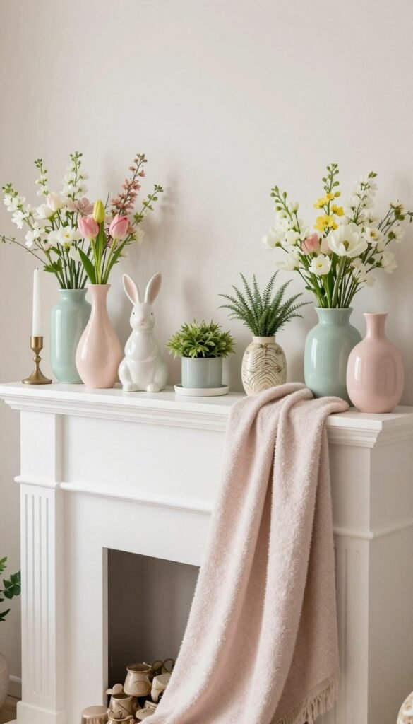 A beautifully styled mantel adorned with spring decor, featuring a harmonious mix of pastel-colored vases, fresh flowers, and elegant candle holders. In the foreground, soft textiles such as a light pastel throw blanket drape casually, adding warmth. The middle layer showcases a stylish arrangement of decorative objects like ceramic bunnies and artfully arranged green plants, reflecting the freshness of spring. In the background, a subtle, softly lit wall enhances the cozy atmosphere, creating a focal point without overcrowding. Use natural daylight filtering in for a bright and airy mood, captured from a slightly angled perspective to highlight the depth and textures of each decor piece. Emphasize a Pinterest-style aesthetic that resonates with modern home trends. Designed for CozyTrendHub.