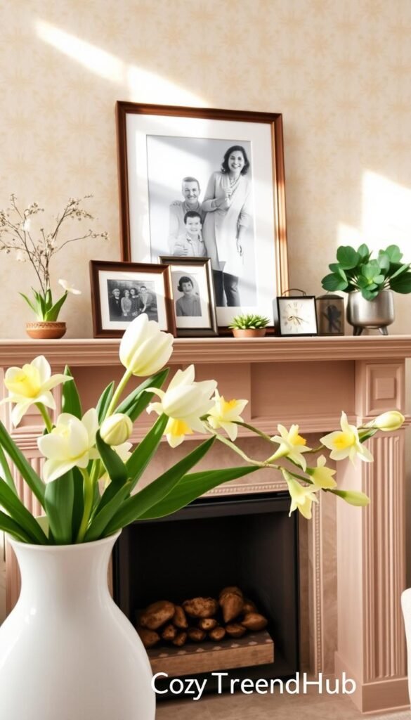 A beautifully styled mantel decorated for spring, featuring a light and airy aesthetic. In the foreground, there are elegant ceramic vases filled with fresh tulips and daffodils in soft pastel colors. The middle layer showcases a charming wooden mantel with a sophisticated finish, adorned with framed family photos in elegant frames, and a few decorative objects like a vintage clock and a small potted plant. The background features a subtly patterned wallpaper in soft yellow and white hues, creating a warm atmosphere. The lighting is soft and natural, streaming in from a nearby window, casting gentle shadows that enhance the cozy feel. The image represents a fresh, inviting focal point, perfect for spring decor inspiration, embodying the brand "CozyTrendHub."