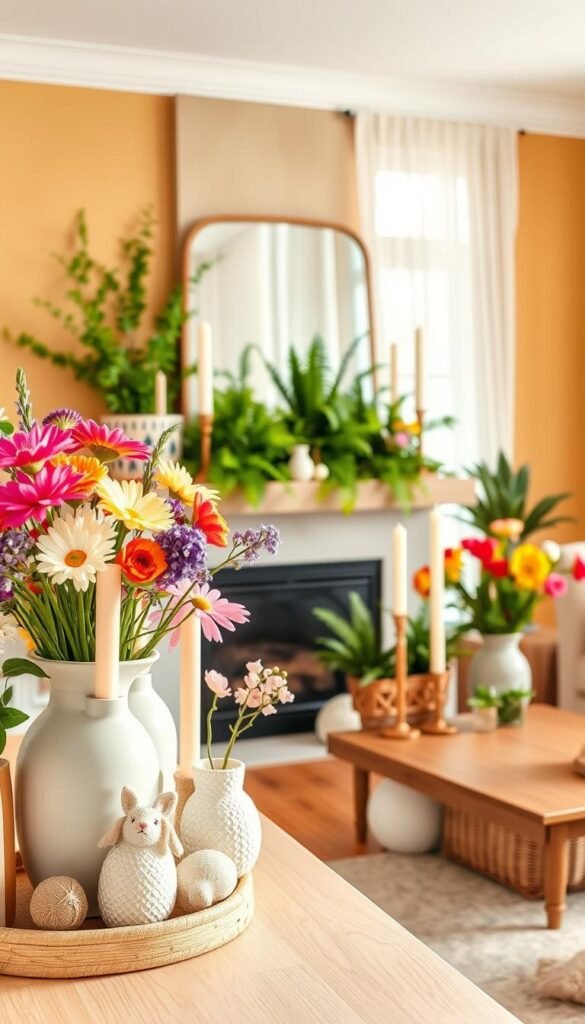 A beautifully styled mantel display in a cozy living room, evoking a fresh spring atmosphere. In the foreground, a decorative mantel adorned with an assortment of vibrant spring flowers in pastel vases, candles in varied heights, and seasonal decor items like textured bunnies and woven baskets. The middle features a sleek fireplace flanked by greenery, such as potted ferns and leafy plants. In the background, soft natural light filters through sheer curtains, casting a gentle glow on the walls painted in warm, inviting tones. The angle captures the full richness of the mantel decor, creating a harmonious balance of color and texture, ideal for inspiring shared living spaces. A Pinterest-worthy lifestyle setting, reminiscent of cozy, inviting home vibes by CozyTrendHub.