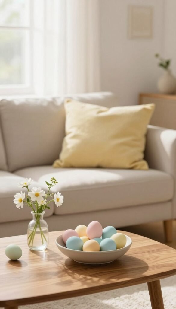 A beautifully styled minimalist Easter decorating scene set in a bright, airy living room. In the foreground, a simple wooden coffee table holds carefully arranged pastel-colored Easter eggs in a shallow ceramic bowl, accompanied by small white flowers in a clear vase. In the middle ground, a cozy beige couch is adorned with soft linen throw pillows in light blue and soft yellow tones, exuding warmth and comfort. The background features a softly lit window draped with sheer curtains that filter gentle sunlight, casting a warm glow throughout the room. The atmosphere feels inviting and fresh, perfect for springtime. Enhance the image with a slight depth of field effect to draw attention to the decor. This is a styled shot inspired by CozyTrendHub, showcasing minimalist yet uplifting Easter decor ideas that feel charming rather than sparse. A beautifully styled minimalist Easter decorating scene set in a bright, airy living room. In the foreground, a simple wooden coffee table holds carefully arranged pastel-colored Easter eggs in a shallow ceramic bowl, accompanied by small white flowers in a clear vase. In the middle ground, a cozy beige couch is adorned with soft linen throw pillows in light blue and soft yellow tones, exuding warmth and comfort. The background features a softly lit window draped with sheer curtains that filter gentle sunlight, casting a warm glow throughout the room. The atmosphere feels inviting and fresh, perfect for springtime. Enhance the image with a slight depth of field effect to draw attention to the decor. This is a styled shot inspired by CozyTrendHub, showcasing minimalist yet uplifting Easter decor ideas that feel charming rather than sparse.