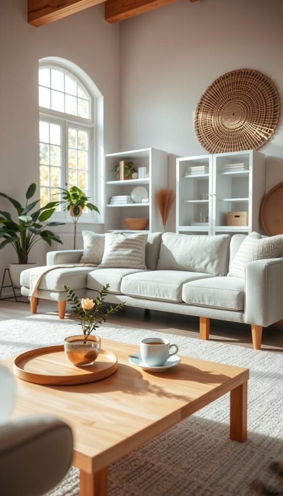 A beautifully styled minimalist living room designed for warmth and comfort, featuring a soft beige area rug under a low-profile, light gray sectional couch adorned with textured throw pillows. In the foreground, a natural wood coffee table holds a steaming cup of tea and a small potted plant. The middle of the room showcases an elegant white bookshelf filled with carefully curated decor items and books. In the background, large windows allow soft, warm sunlight to illuminate the space, highlighting the organic textures of the woven wall art. The overall atmosphere is inviting and tranquil, exuding a cozy ambiance perfect for relaxation. Captured in a soft-focus lens, this Pinterest-style lifestyle photo embodies the essence of "CozyTrendHub."