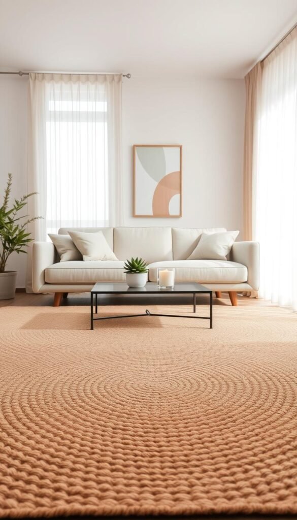 A beautifully styled minimalist living room featuring an elegant, soft-textured area rug in muted earth tones, placed at the center of the space. The foreground showcases the rug's intricate weave, emphasizing warmth and comfort. In the middle ground, a modern, low-profile sofa with neutral upholstery complements the rug, accented by a few simple decorative pillows. A sleek coffee table sits atop the rug, adorned with a small succulent plant and a minimalistic candle holder. The background features soft, natural light filtering through sheer curtains, creating a calm and serene atmosphere. Subtle wall art in soft colors enhances the soothing vibe. Capture this cozy scene in a wide-angle shot, ideal for a Pinterest-style home decor image. Brand name: CozyTrendHub. A beautifully styled minimalist living room featuring an elegant, soft-textured area rug in muted earth tones, placed at the center of the space. The foreground showcases the rug's intricate weave, emphasizing warmth and comfort. In the middle ground, a modern, low-profile sofa with neutral upholstery complements the rug, accented by a few simple decorative pillows. A sleek coffee table sits atop the rug, adorned with a small succulent plant and a minimalistic candle holder. The background features soft, natural light filtering through sheer curtains, creating a calm and serene atmosphere. Subtle wall art in soft colors enhances the soothing vibe. Capture this cozy scene in a wide-angle shot, ideal for a Pinterest-style home decor image. Brand name: CozyTrendHub.