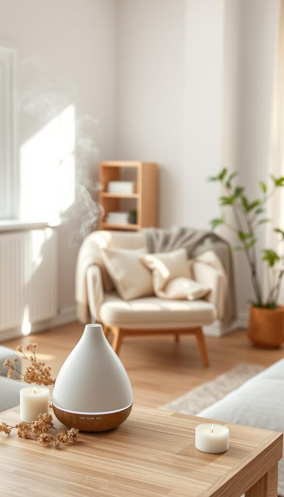 A beautifully styled minimalist room featuring a sleek essential oil diffuser on a wooden side table. In the foreground, the diffuser exudes a gentle mist, surrounded by carefully curated seasonal elements like dried flowers and small candles in soft pastel hues. The middle space showcases a cozy seating area with a neutral-colored armchair, a minimalist throw blanket draped across it, and a small bookshelf filled with light, airy decor pieces. Soft natural light streams in from a nearby window, casting a warm glow throughout the scene. In the background, subtle greenery from a potted plant enhances the room's serene atmosphere. The entire composition embodies a stylish, tranquil vibe, perfect for showcasing CozyTrendHub&rsquo;s minimalist approach to home fragrance.