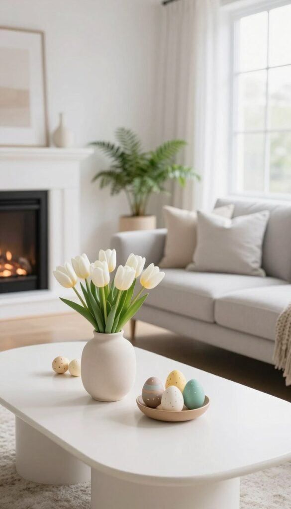 A beautifully styled modern Easter decor setup in a bright, airy living room featuring soft pastel hues and minimalist design elements. In the foreground, a contemporary white coffee table adorned with simple, elegant decorations including a chic ceramic vase filled with fresh tulips and chic, understated Easter eggs in muted shades. In the middle, a plush light grey sofa with cozy throw pillows invites comfort, while a sleek, modern fireplace adds warmth. The background reveals large windows allowing natural light to flood in, enhancing the inviting atmosphere. Subtle touches of greenery, like potted ferns, complete the scene, creating a fresh spring vibe. The overall mood is elegant yet approachable, showcasing how to achieve modern Easter styling without excess. Perfectly aligns with the aesthetic of CozyTrendHub.