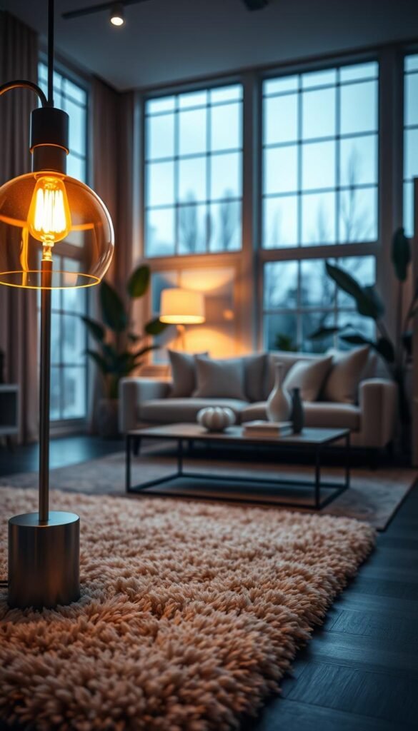A beautifully styled modern living room featuring soft, ambient lighting that creates a warm and inviting atmosphere. In the foreground, a sleek, contemporary floor lamp with a warm-toned bulb illuminates a plush, textured area rug. The middle ground showcases a stylish seating arrangement with a minimalist sofa adorned with neutral throw pillows and a chic coffee table with decorative elements. In the background, large windows allow natural light to filter in, softly highlighting the room&rsquo;s elegant decor. Decorative plants add a touch of greenery, enhancing the aesthetic. The image is taken from a slight angle to capture the room's depth, with a focus on warm tones to convey a cozy, upscale vibe. Ideal for CozyTrendHub's ambiance.