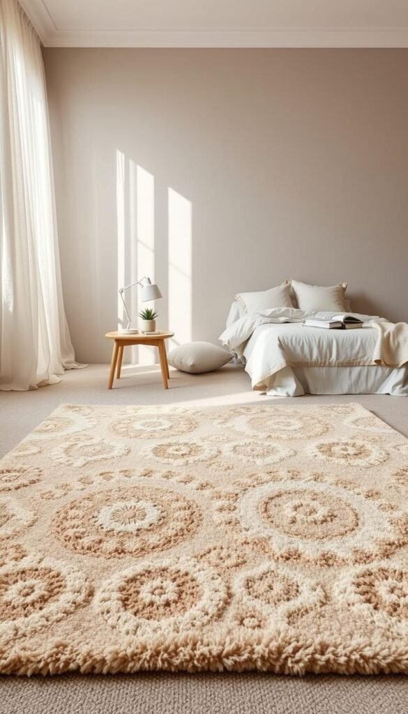 A beautifully styled neutral bedroom featuring a plush area rug with intricate patterns in soft beige and cream tones, layered over a subtle, textured carpet. In the foreground, the rug creates a cozy area around a small bedside table adorned with a peaceful bedside lamp and a few decor accents, like a small potted plant and a book. In the middle ground, soft textiles like a light quilt and pillows in muted pastels complement the calming atmosphere. The background presents a serene wall of soft grey, with natural light filtering in through sheer curtains, casting gentle shadows. The scene is crafted in a warm, inviting ambiance, emphasizing textures and layers for a cozy feel, ideal for a neutral bedroom, captured in a lifestyle photography style by CozyTrendHub. A beautifully styled neutral bedroom featuring a plush area rug with intricate patterns in soft beige and cream tones, layered over a subtle, textured carpet. In the foreground, the rug creates a cozy area around a small bedside table adorned with a peaceful bedside lamp and a few decor accents, like a small potted plant and a book. In the middle ground, soft textiles like a light quilt and pillows in muted pastels complement the calming atmosphere. The background presents a serene wall of soft grey, with natural light filtering in through sheer curtains, casting gentle shadows. The scene is crafted in a warm, inviting ambiance, emphasizing textures and layers for a cozy feel, ideal for a neutral bedroom, captured in a lifestyle photography style by CozyTrendHub.