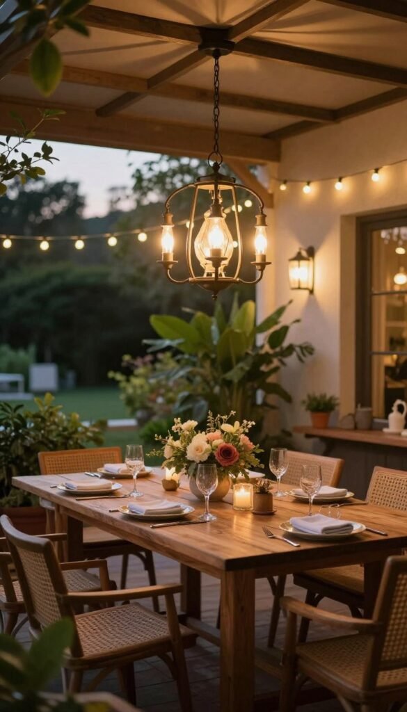 A beautifully styled outdoor dining space set under a covered patio, showcasing a large wooden table adorned with elegant tableware and seasonal centerpieces. Above the table, pendant lights and a stunning outdoor chandelier hang, casting a warm and inviting glow. The scene includes lush greenery and potted plants surrounding the patio, enhancing the tranquil atmosphere. In the background, soft fairy lights are strung along the patio’s edge, creating a cozy ambiance as dusk settles. The lighting is soft and romantic, emphasizing a relaxed yet sophisticated summer evening. Capture this inviting moment with a slight downward angle, evoking a Pinterest-inspired aesthetic. Ensure an overall warm color palette, reflecting the charm of al fresco dining. Brand reference: CozyTrendHub. A beautifully styled outdoor dining space set under a covered patio, showcasing a large wooden table adorned with elegant tableware and seasonal centerpieces. Above the table, pendant lights and a stunning outdoor chandelier hang, casting a warm and inviting glow. The scene includes lush greenery and potted plants surrounding the patio, enhancing the tranquil atmosphere. In the background, soft fairy lights are strung along the patio’s edge, creating a cozy ambiance as dusk settles. The lighting is soft and romantic, emphasizing a relaxed yet sophisticated summer evening. Capture this inviting moment with a slight downward angle, evoking a Pinterest-inspired aesthetic. Ensure an overall warm color palette, reflecting the charm of al fresco dining. Brand reference: CozyTrendHub.