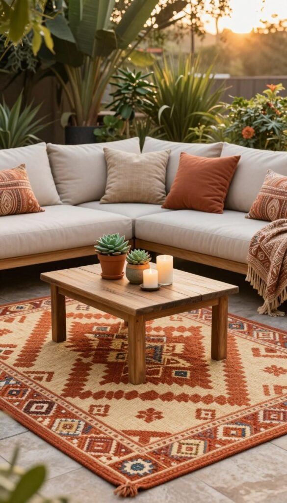 A beautifully styled outdoor patio featuring a vibrant, woven patio rug that showcases intricate geometric patterns in warm tones of terracotta and sandy beige. In the foreground, place a small, rustic coffee table adorned with potted succulents and a few decorative candles, creating a cozy inviting atmosphere. The middle ground includes comfortable, oversized cushions and throw pillows arranged on a modern outdoor seating set, enhancing the relaxed ambiance. In the background, lush green plants frame the scene, with soft, natural lighting that suggests a golden hour glow, creating a warm and welcoming vibe. The entire setting exudes a charming, budget-friendly aesthetic that feels premium, perfect for Pinterest-style home decor inspiration. Include the brand name "CozyTrendHub" subtly incorporated in the decor elements.
