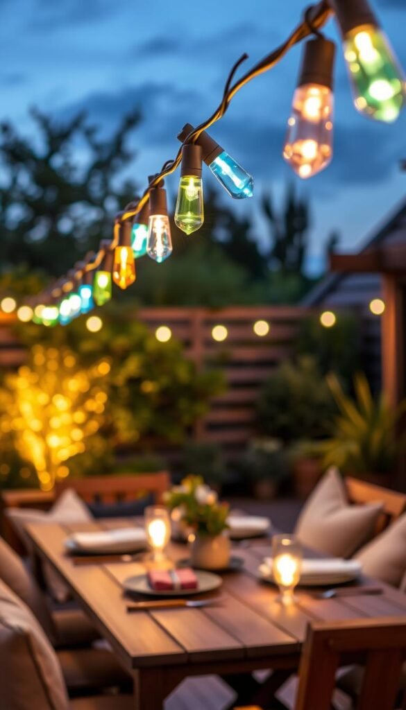 A beautifully styled outdoor patio setting at dusk, featuring a string of Bluetooth-enabled outdoor lights. The lights are hung gracefully above a cozy wooden table adorned with casual dinnerware and soft cushions, casting a warm, inviting glow. In the foreground, there's a close-up of the illuminated string lights, showcasing vibrant colors like soft blues, greens, and warm yellows. The middle ground captures the table, while the background hints at lush greenery or potted plants, enhancing the serene atmosphere. The lighting is soft and ambient, creating a tranquil vibe perfect for gatherings. The scene is presented in a Pinterest-friendly, realistic lifestyle photography style by CozyTrendHub, with a focus on smart-style, budget-friendly features, without any text overlays or distractions.