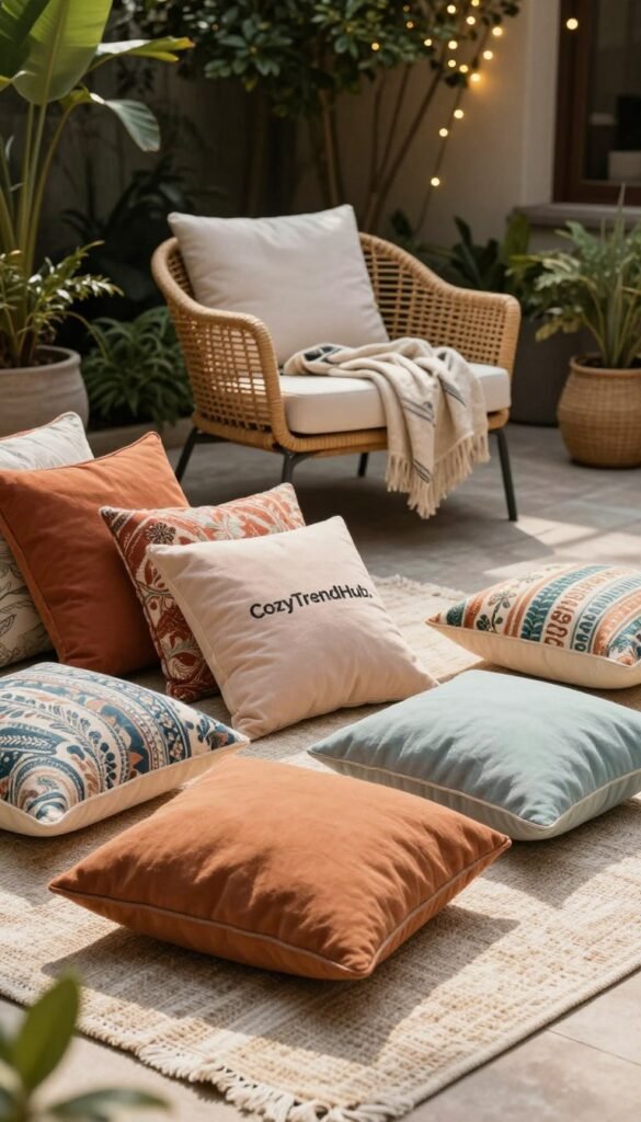 A beautifully styled outdoor space featuring an array of colorful pillows and cushions arranged on a textured area rug. In the foreground, showcase a vibrant assortment of cushions in warm earth tones and pastel shades, made from weather-resistant fabric with intricate patterns, inviting comfort. The middle ground captures a stylish wicker lounge chair, adorned with decorative throws, contributing to a cozy ambiance. In the background, lush green plants and soft fairy lights illuminate the setting, adding to the warm, inviting atmosphere of an outdoor retreat. Gentle natural lighting casts soft shadows, creating a tranquil mood. This lifestyle composition embodies the essence of casual elegance, perfect for small outdoor spaces, branded by "CozyTrendHub."