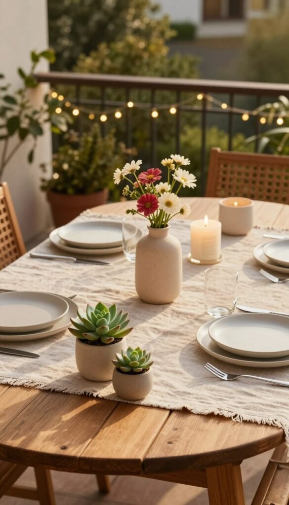 A beautifully styled outdoor tabletop scene featuring a round wooden table, adorned with minimalistic decor for a clutter-free aesthetic. In the foreground, delicate potted succulents and a small, elegant vase holding fresh flowers add vibrant touches. The middle ground showcases soft, textured table linens in warm earth tones, alongside stylish dishware and chic candles that create an inviting ambience. In the background, a cozy balcony setting with lush greenery and twinkling fairy lights enhances the atmosphere. The lighting is natural, capturing a golden hour glow that evokes a relaxed, stylish outdoor living vibe perfect for apartment decor. Shot from a slightly elevated angle to encompass the table's arrangement and surrounding details, this image embodies a modern, Pinterest-inspired lifestyle. Brand representation: CozyTrendHub.