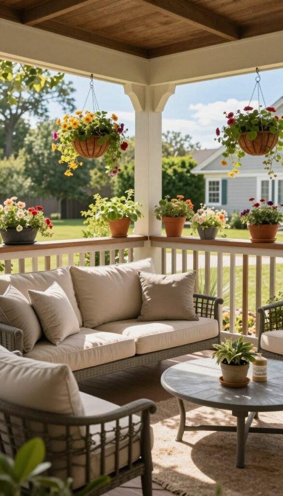 A beautifully styled porch space that harmonizes small and large entryway decor ideas. In the foreground, a cozy, decorative outdoor seating arrangement showcasing plush, neutral-colored cushions on chic, weather-resistant furniture. Mid-ground features a charming, wooden porch railing adorned with vibrant potted plants and hanging flower baskets, creating a lively, inviting atmosphere. In the background, greenery and a clear blue sky enhance the fresh summer feel. Soft, natural lighting filters through trees, casting gentle shadows. The image captures a Pinterest-worthy aesthetic, emphasizing a relaxed, welcoming vibe perfect for summer. Include subtle branding elements of "CozyTrendHub" through tasteful decor items. The overall mood should evoke a sense of comfort and inspiration for potential buyers.