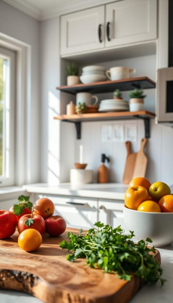 A beautifully styled rental kitchen exuding warmth and charm, showcasing finishing touches that blend seamlessly into the decor. In the foreground, a rustic wooden cutting board adorned with fresh herbs, alongside colorful seasonal fruit in a simple ceramic bowl. The middle layer features stylish dishware arranged on a floating shelf, accented by hanging potted succulents. The background highlights modern cabinetry with soft, natural lighting filtering through a window, casting gentle shadows. The atmosphere is inviting and cozy, perfect for seasonal updates. Use a close-up angle to capture the details, ensuring the scene resonates with the essence of "CozyTrendHub." Create a bright, airy vibe that reflects a chic, Pinterest-inspired lifestyle without any text or overlays.