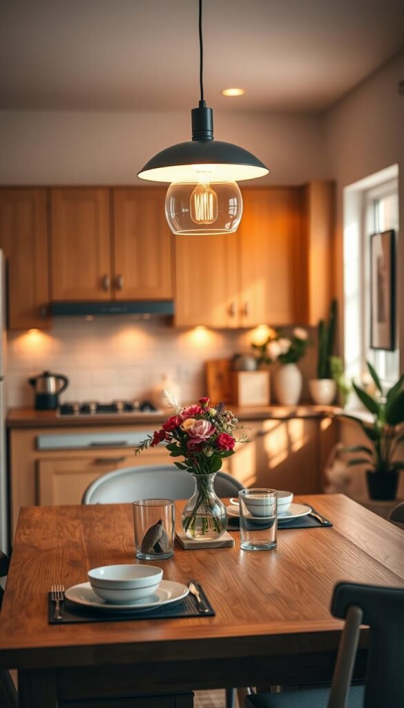 A beautifully styled rental kitchen illuminated by warm, soft lighting that contrasts with harsh LEDs. In the foreground, a modern pendant light hangs above a cozy wooden dining table set for two, featuring elegant tableware and a vase of fresh flowers. The middle of the kitchen showcases rich cabinetry with subtle under-cabinet lighting, emphasizing the texture and colors of the decor. Soft shadows dance on the walls, creating a welcoming atmosphere. In the background, a window reveals soft natural light streaming in, highlighting tasteful wall art and decorative plants. The scene conveys a warm, inviting ambiance, ideal for CozyTrendHub's aesthetic. Shot with a soft focus lens to enhance the warmth and detail, capturing the essence of a stylish, upgraded kitchen lighting.