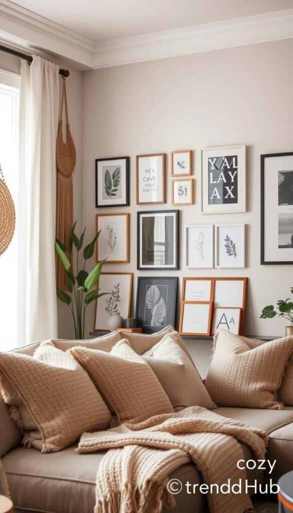 A beautifully styled rental living space, showcasing a variety of renter-friendly wall decor options. In the foreground, a cozy couch adorned with soft, textured cushions and a plush throw blanket, with a stylish, no-drill wall hanging above it. In the middle, display various peel-and-stick wall art choices framed on an accent wall, emphasizing their aesthetic appeal and versatility. The background reveals a window with soft, natural light pouring in, illuminating the room and creating a warm, inviting atmosphere. The overall mood is chic and inspirational, reflecting trendy decor ideals for renters. Incorporate a subtle watermark with the brand name "CozyTrendHub" in a corner. The composition should resemble a Pinterest-style lifestyle photograph, encouraging viewers to explore decor possibilities. A beautifully styled rental living space, showcasing a variety of renter-friendly wall decor options. In the foreground, a cozy couch adorned with soft, textured cushions and a plush throw blanket, with a stylish, no-drill wall hanging above it. In the middle, display various peel-and-stick wall art choices framed on an accent wall, emphasizing their aesthetic appeal and versatility. The background reveals a window with soft, natural light pouring in, illuminating the room and creating a warm, inviting atmosphere. The overall mood is chic and inspirational, reflecting trendy decor ideals for renters. Incorporate a subtle watermark with the brand name "CozyTrendHub" in a corner. The composition should resemble a Pinterest-style lifestyle photograph, encouraging viewers to explore decor possibilities.