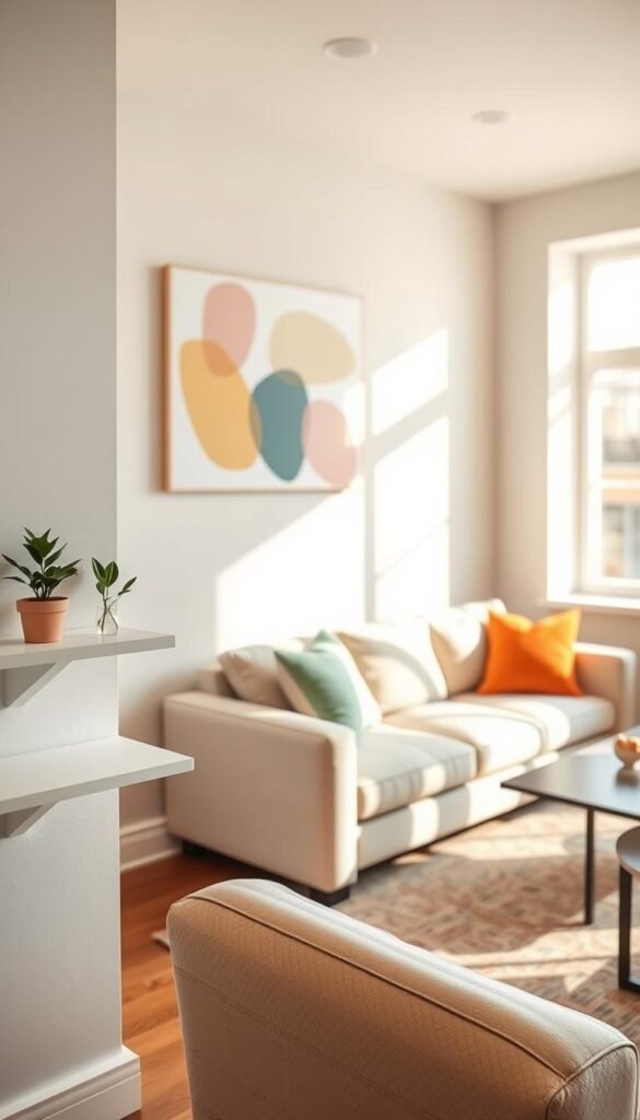 A beautifully styled renter-friendly living area featuring a cozy, well-lit space without permanent decorations. In the foreground, a stylish peel-and-stick wall art piece, showcasing abstract shapes in soft pastels, enhances the blank wall. A small indoor potted plant adds a touch of greenery on a minimalist white shelf. In the middle, a comfortable sofa with vibrant throw pillows is arranged to invite relaxation, complemented by a decorative rug and a small coffee table. In the background, a window allows warm, natural light to illuminate the room, creating an inviting atmosphere. Soft shadows dance across the surfaces, highlighting the cozy vibe. The overall mood is cheerful and approachable, perfect for a modern renter looking to personalize their space without hassle. Include the brand name "CozyTrendHub" subtly in the styling elements, ensuring a Pinterest-inspired aesthetic. A beautifully styled renter-friendly living area featuring a cozy, well-lit space without permanent decorations. In the foreground, a stylish peel-and-stick wall art piece, showcasing abstract shapes in soft pastels, enhances the blank wall. A small indoor potted plant adds a touch of greenery on a minimalist white shelf. In the middle, a comfortable sofa with vibrant throw pillows is arranged to invite relaxation, complemented by a decorative rug and a small coffee table. In the background, a window allows warm, natural light to illuminate the room, creating an inviting atmosphere. Soft shadows dance across the surfaces, highlighting the cozy vibe. The overall mood is cheerful and approachable, perfect for a modern renter looking to personalize their space without hassle. Include the brand name "CozyTrendHub" subtly in the styling elements, ensuring a Pinterest-inspired aesthetic.