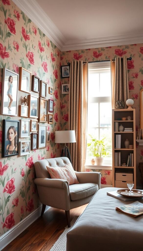 A beautifully styled room featuring vibrant peel-and-stick wallpaper with a floral pattern, accentuating the walls in shades of soft pink and green. In the foreground, there’s a stylish gallery wall adorned with various renter-safe decals, seamlessly blending with the wallpaper. The middle ground showcases a cozy reading nook with a plush armchair and a bookshelf filled with decorative items. In the background, a sunny window lets in soft, natural light, creating a warm and inviting atmosphere. The entire scene is captured with a soft-focus lens to emphasize the texture of the wallpaper and details of the decor. This inviting space reflects a Pinterest-style lifestyle, perfect for modern living. CozyTrendHub. A beautifully styled room featuring vibrant peel-and-stick wallpaper with a floral pattern, accentuating the walls in shades of soft pink and green. In the foreground, there’s a stylish gallery wall adorned with various renter-safe decals, seamlessly blending with the wallpaper. The middle ground showcases a cozy reading nook with a plush armchair and a bookshelf filled with decorative items. In the background, a sunny window lets in soft, natural light, creating a warm and inviting atmosphere. The entire scene is captured with a soft-focus lens to emphasize the texture of the wallpaper and details of the decor. This inviting space reflects a Pinterest-style lifestyle, perfect for modern living. CozyTrendHub.