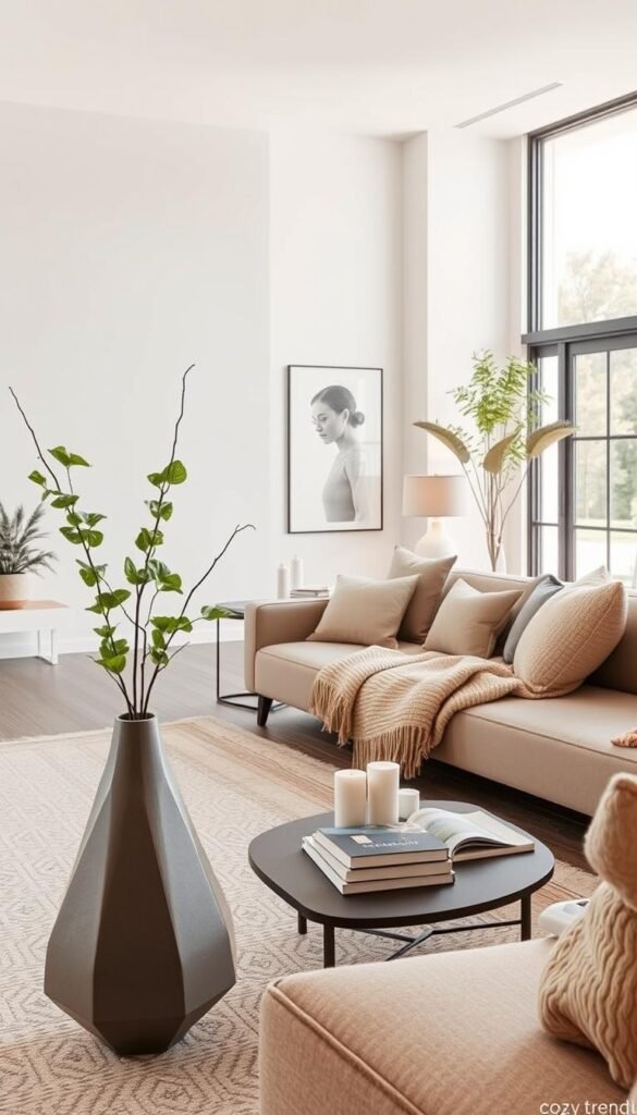 A beautifully styled room guide featuring a split concept of minimalist and cozy decor. In the foreground, showcase a sharp, airy minimalist living room with clean lines, a neutral color palette, and sleek furniture. Incorporate an accent piece, such as a simple geometric vase with a single green plant. The middle ground transitions into a cozy space with warm tones, a plush sofa adorned with knitted blankets and soft cushions, and an inviting coffee table with books and candles. In the background, highlight large windows allowing soft, natural light to flood the room, enhancing the atmosphere. Capture this scene from a slight angle to provide depth and create a Pinterest-inspired appeal. The overall mood should be serene and welcoming, blending modern aesthetics with intimate comfort. Include branding subtly, featuring "CozyTrendHub" in the décor elements. A beautifully styled room guide featuring a split concept of minimalist and cozy decor. In the foreground, showcase a sharp, airy minimalist living room with clean lines, a neutral color palette, and sleek furniture. Incorporate an accent piece, such as a simple geometric vase with a single green plant. The middle ground transitions into a cozy space with warm tones, a plush sofa adorned with knitted blankets and soft cushions, and an inviting coffee table with books and candles. In the background, highlight large windows allowing soft, natural light to flood the room, enhancing the atmosphere. Capture this scene from a slight angle to provide depth and create a Pinterest-inspired appeal. The overall mood should be serene and welcoming, blending modern aesthetics with intimate comfort. Include branding subtly, featuring "CozyTrendHub" in the décor elements.