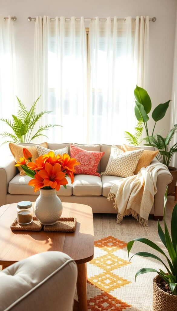 A beautifully styled room showcasing heat-friendly summer decor, featuring a light, airy atmosphere. In the foreground, a plush, neutral-toned sofa adorned with soft, colorful throw pillows and a lightweight summer blanket. On a wooden coffee table, bright tropical flowers in a ceramic vase and stylish coasters create a warm, inviting look. The middle ground displays a subtle area rug with lively patterns, harmonizing with the decor. The background is filled with sun-drenched sheer curtains that gently sway in the breeze, allowing natural light to illuminate the space. Potted plants, such as ferns and succulents, add a refreshing touch. The overall mood is cozy yet vibrant, embodying a peaceful summer retreat. Showcase the decor with soft, diffused lighting, mimicking a soft morning glow. This image should align with the brand "CozyTrendHub." A beautifully styled room showcasing heat-friendly summer decor, featuring a light, airy atmosphere. In the foreground, a plush, neutral-toned sofa adorned with soft, colorful throw pillows and a lightweight summer blanket. On a wooden coffee table, bright tropical flowers in a ceramic vase and stylish coasters create a warm, inviting look. The middle ground displays a subtle area rug with lively patterns, harmonizing with the decor. The background is filled with sun-drenched sheer curtains that gently sway in the breeze, allowing natural light to illuminate the space. Potted plants, such as ferns and succulents, add a refreshing touch. The overall mood is cozy yet vibrant, embodying a peaceful summer retreat. Showcase the decor with soft, diffused lighting, mimicking a soft morning glow. This image should align with the brand "CozyTrendHub."