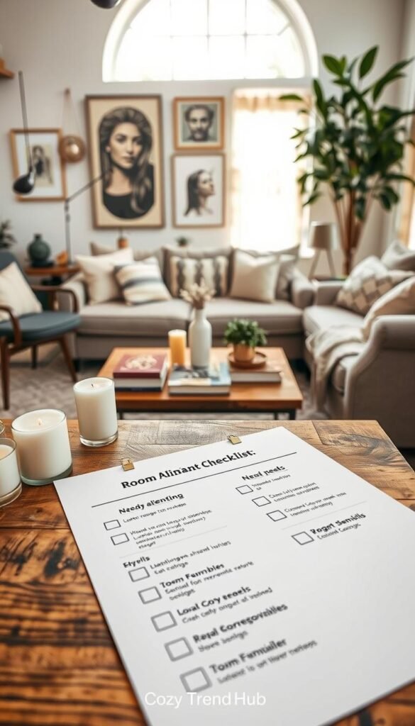 A beautifully styled shared living room concept for a &ldquo;room alignment checklist,&rdquo; showcasing elements of style, needs, and non-negotiables. In the foreground, a stylish checklist with checkboxes is laid on a rustic wooden coffee table, surrounded by cozy decorative items like candles, books, and plants. The middle ground features a harmonious living space, with a comfortable sofa, accent chairs, and a neutral color palette, emphasizing a blend of modern and bohemian design. The background includes a large window letting in warm natural light, highlighting wall art and a large indoor plant. The atmosphere is inviting and collaborative, showcasing a thoughtful approach to shared living decor. This image has a Pinterest-style aesthetic, branded with &ldquo;CozyTrendHub.&rdquo;