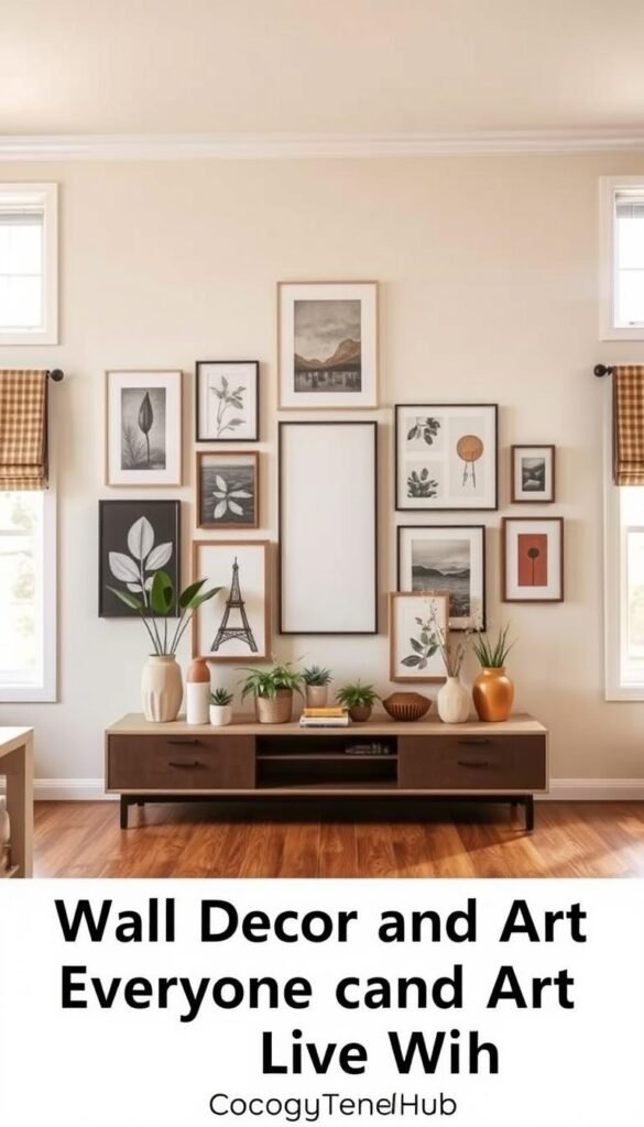 A beautifully styled shared living room wall featuring a harmonious blend of wall decor and art that appeals to diverse tastes. In the foreground, showcase a sleek, modern console table adorned with decorative items like potted plants and colorful vases. The middle section displays an array of framed art pieces, including abstract and nature-inspired prints, neatly hung to create a captivating gallery wall. The background reveals a soft, neutral-colored wall, accented with textured materials like wood or woven textiles. Warm, natural lighting spills in from nearby windows, creating an inviting atmosphere. The overall mood is cozy and welcoming, perfect for a shared living space. Capture this scene in a high-resolution, Pinterest-style lifestyle photo, reflecting the theme of &ldquo;Wall Decor and Art Everyone Can Live With&rdquo; for CozyTrendHub.